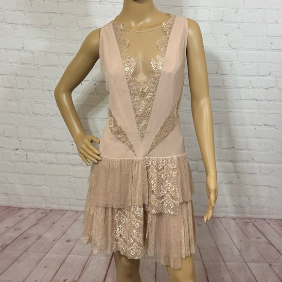 FREE PEOPLE “Dove Dress” Partial sheer Lace Drop waist tiered Skirt Size 12 nwt - Picture 3 of 16